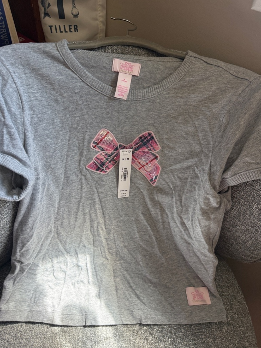 NWT VS PINK x LoveShackFancy Gray Tee with Pink Bow Applique